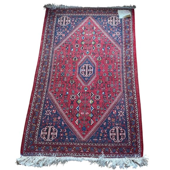 Vintage Persian Wool Area Rug Carpet Handmade Red Blue Geometric Fringe - Picture 2 of 10